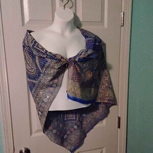 Blue Gaji Bandhani style saree silver/golden zari brocade, and Sparkle 48 "x48 "